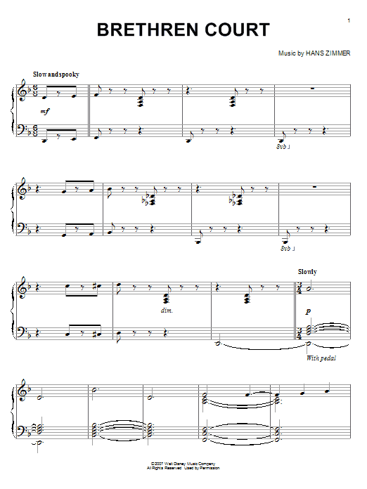 Hans Zimmer Brethren Court (from Pirates Of The Caribbean: At World's End) Sheet Music Notes & Chords for Piano - Download or Print PDF