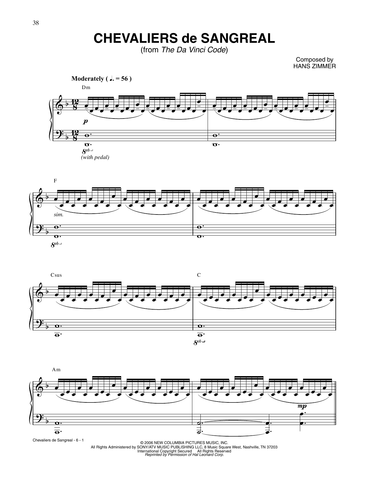 Hans Zimmer Chevalier De Sangreal (from The Da Vinci Code) Sheet Music Notes & Chords for Piano Solo - Download or Print PDF