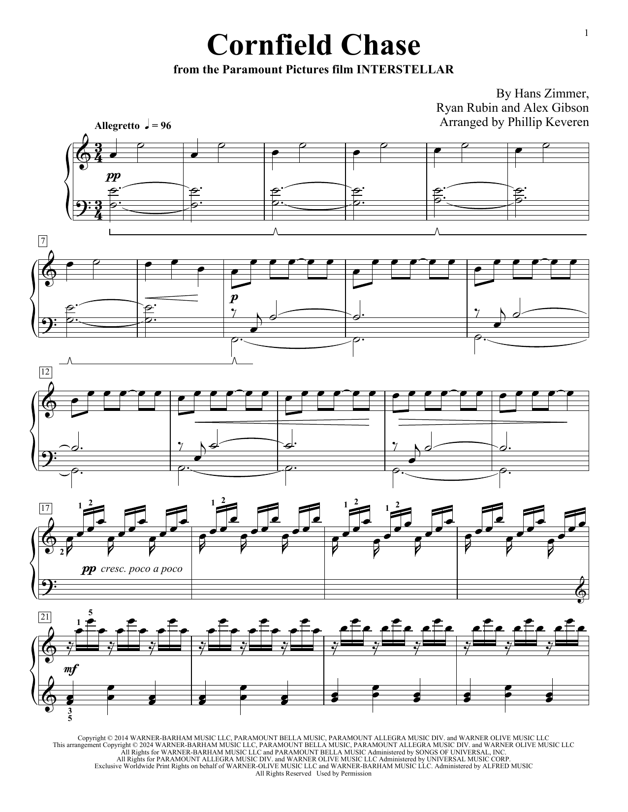 Hans Zimmer Cornfield Chase (from Interstellar) (arr. Phillip Keveren) Sheet Music Notes & Chords for Piano Solo - Download or Print PDF