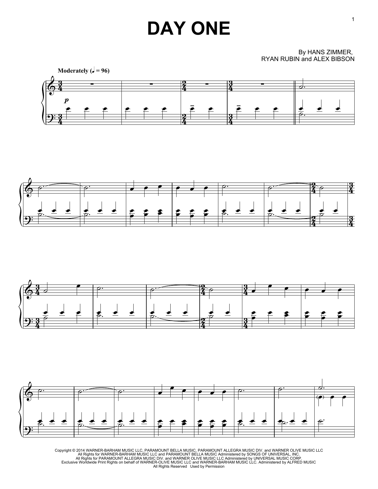 Hans Zimmer Day One (from Interstellar) Sheet Music Notes & Chords for Piano Solo - Download or Print PDF