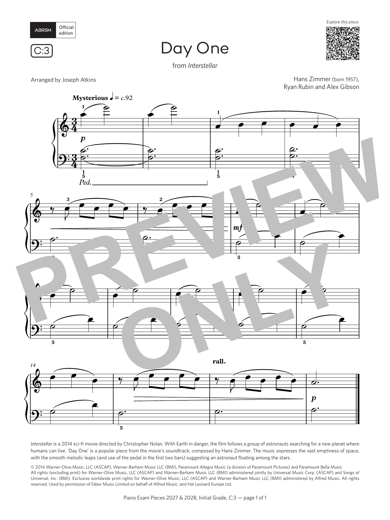 Hans Zimmer Day One (Grade Initial, list C3, from the ABRSM Piano Syllabus 2027 & 2028) Sheet Music Notes & Chords for Piano Solo - Download or Print PDF