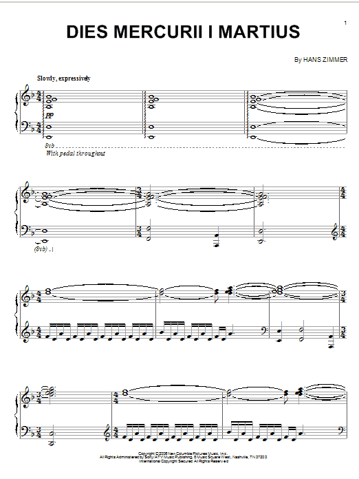 Hans Zimmer Dies Mercurii I Martius Sheet Music Notes & Chords for Piano - Download or Print PDF