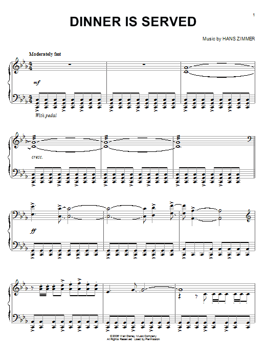 Hans Zimmer Dinner Is Served (from Pirates Of The Caribbean: Dead Man's Chest) Sheet Music Notes & Chords for Piano - Download or Print PDF