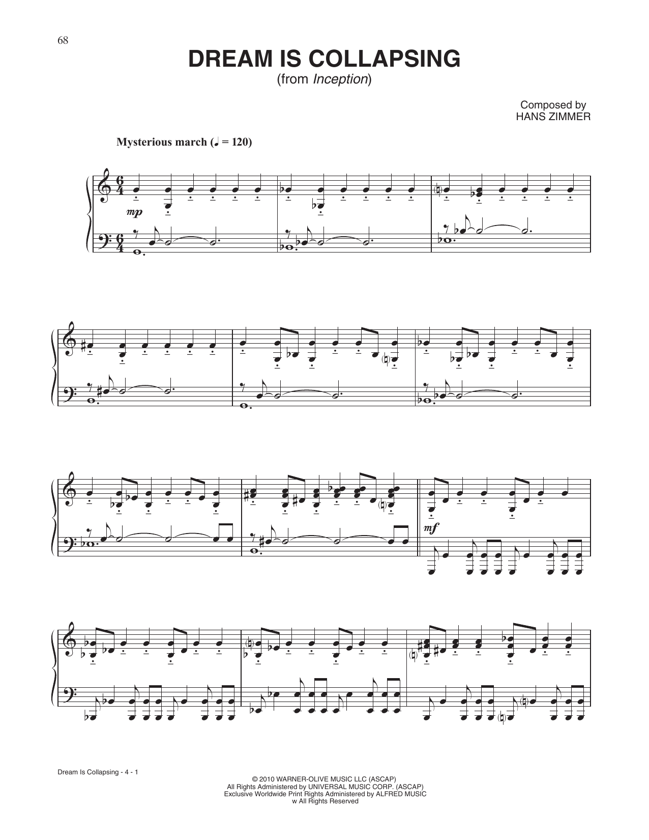 Hans Zimmer Dream Is Collapsing (from Inception) Sheet Music Notes & Chords for Piano Solo - Download or Print PDF