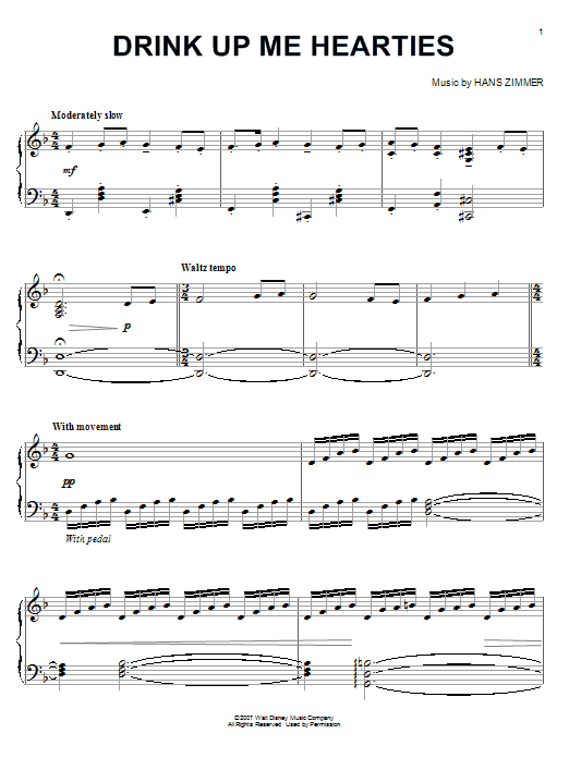 Hans Zimmer Drink Up Me Hearties (from Pirates Of The Caribbean: At World's End) Sheet Music Notes & Chords for Easy Piano - Download or Print PDF