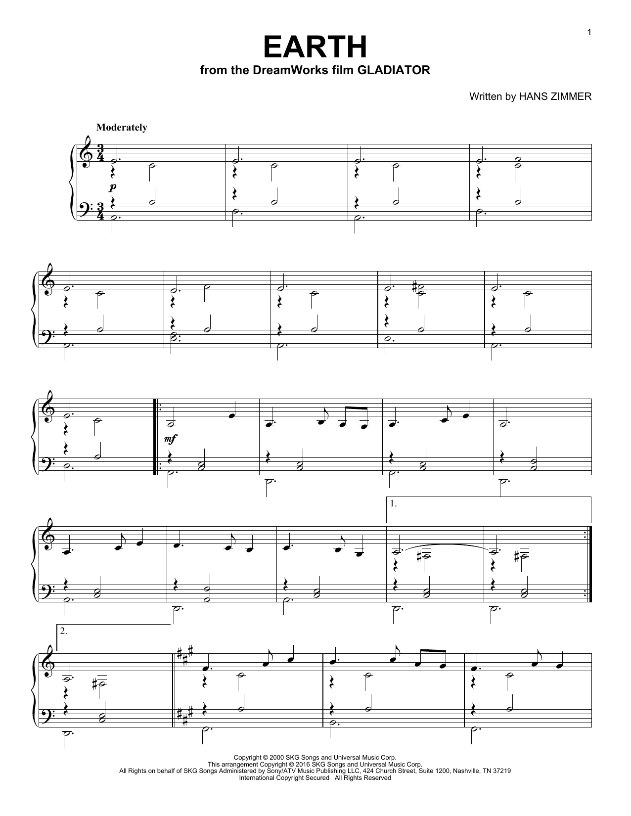 Hans Zimmer Earth Sheet Music Notes & Chords for Piano - Download or Print PDF