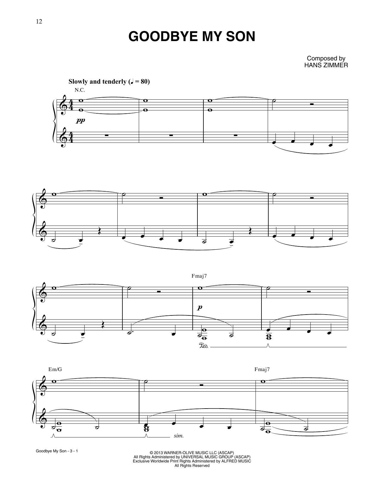 Hans Zimmer Goodbye My Son (from Man Of Steel) Sheet Music Notes & Chords for Piano Solo - Download or Print PDF