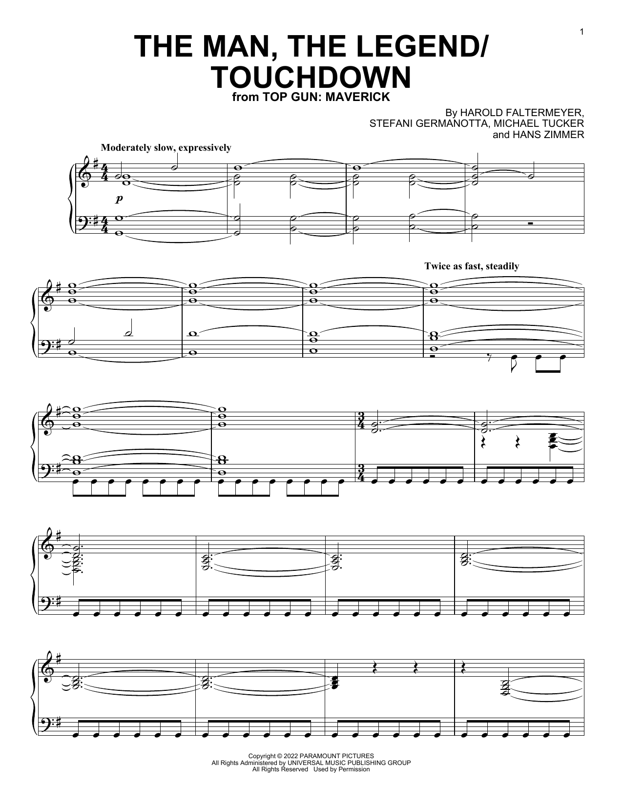 Hans Zimmer, Harold Faltermeyer, Lady Gaga & Lorne Balfe The Man, The Legend / Touchdown (from Top Gun: Maverick) Sheet Music Notes & Chords for Piano Solo - Download or Print PDF