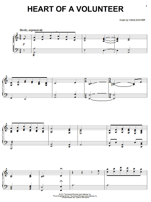Hans Zimmer Heart Of A Volunteer Sheet Music Notes & Chords for Piano - Download or Print PDF