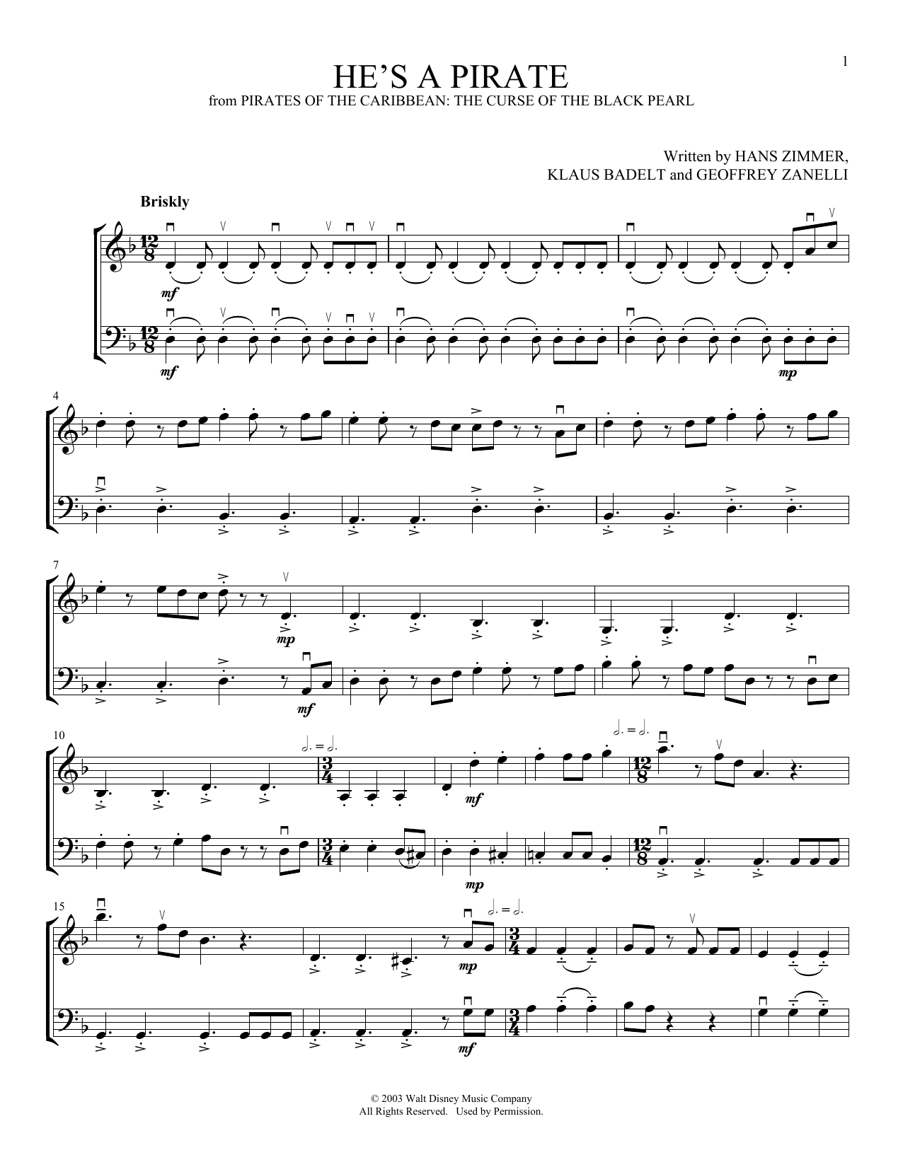 Hans Zimmer He's A Pirate (from Pirates Of The Caribbean: The Curse Of The Black Pearl) (arr. Michelle Hynson) Sheet Music Notes & Chords for Instrumental Duet - Download or Print PDF