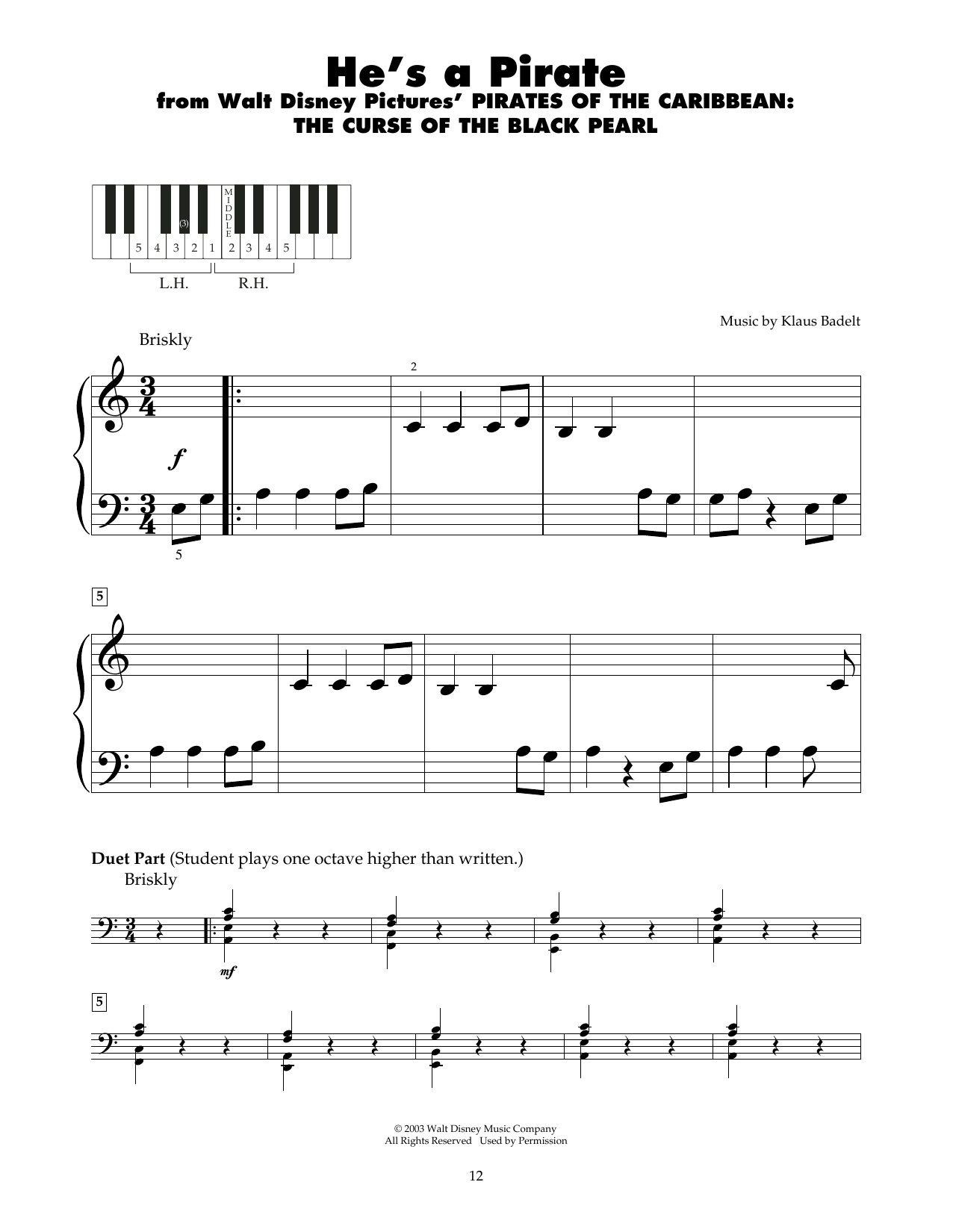 Hans Zimmer He's A Pirate (from Pirates Of The Caribbean: The Curse of the Black Pearl) Sheet Music Notes & Chords for 5-Finger Piano - Download or Print PDF