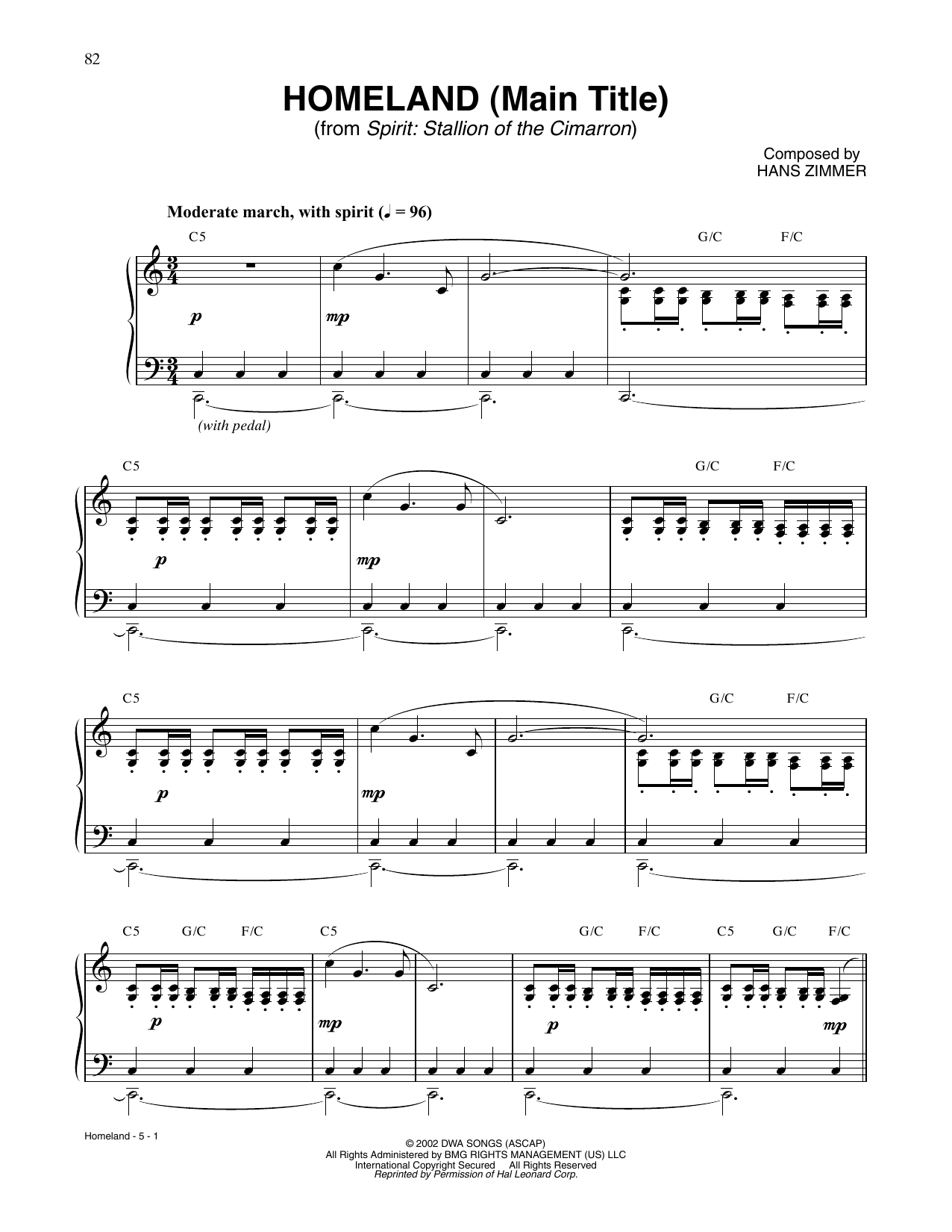 Hans Zimmer Homeland (Main Title) (from Spirit: Stallion Of The Cimarron) Sheet Music Notes & Chords for Piano Solo - Download or Print PDF