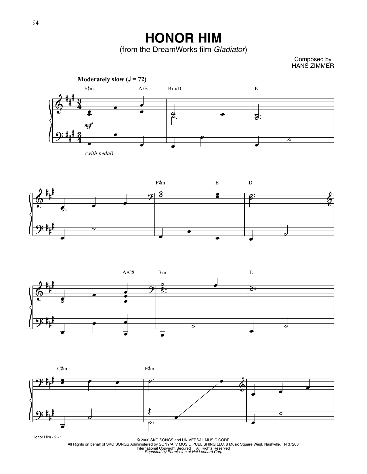 Hans Zimmer Honor Him (from Gladiator) Sheet Music Notes & Chords for Piano Solo - Download or Print PDF