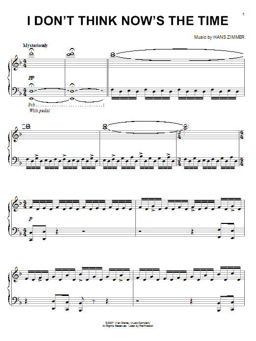 Hans Zimmer I Don't Think Now's The Time (from Pirates Of The Caribbean: At World's End) Sheet Music Notes & Chords for Piano Solo - Download or Print PDF