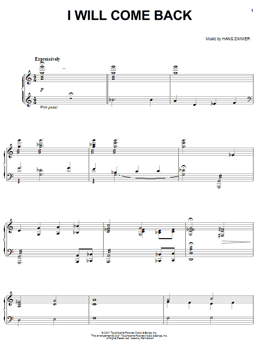 Hans Zimmer I Will Come Back Sheet Music Notes & Chords for Piano - Download or Print PDF