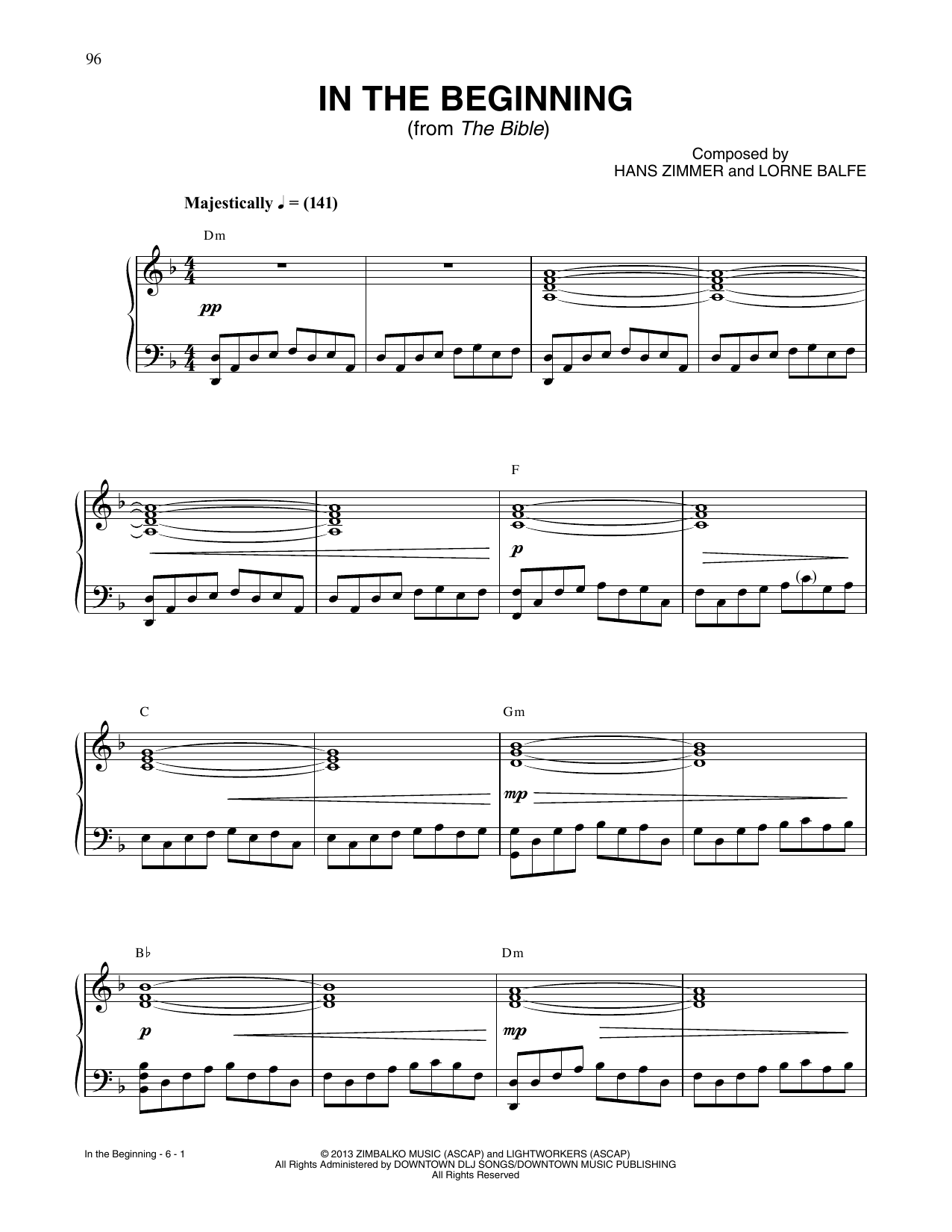 Hans Zimmer In The Beginning (from The Bible) Sheet Music Notes & Chords for Piano Solo - Download or Print PDF