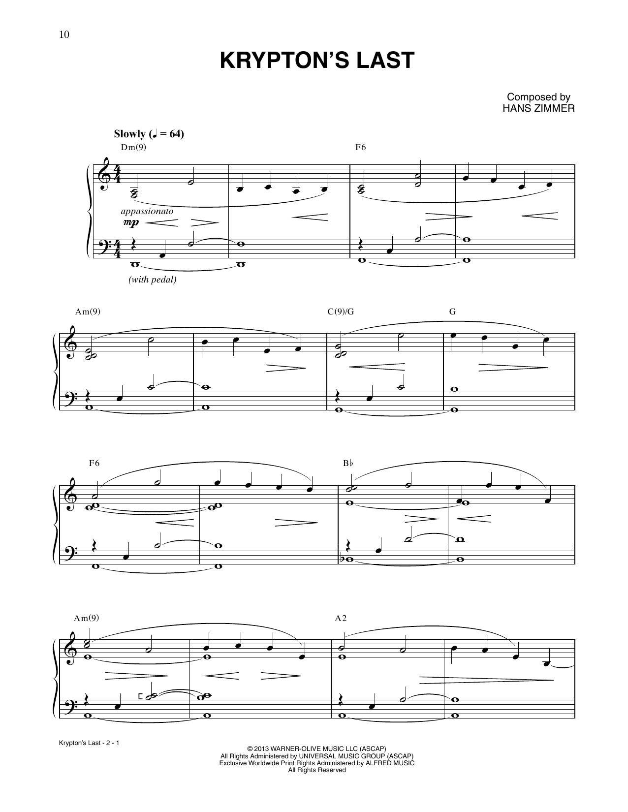 Hans Zimmer Krypton's Last (from Man Of Steel) Sheet Music Notes & Chords for Piano Solo - Download or Print PDF