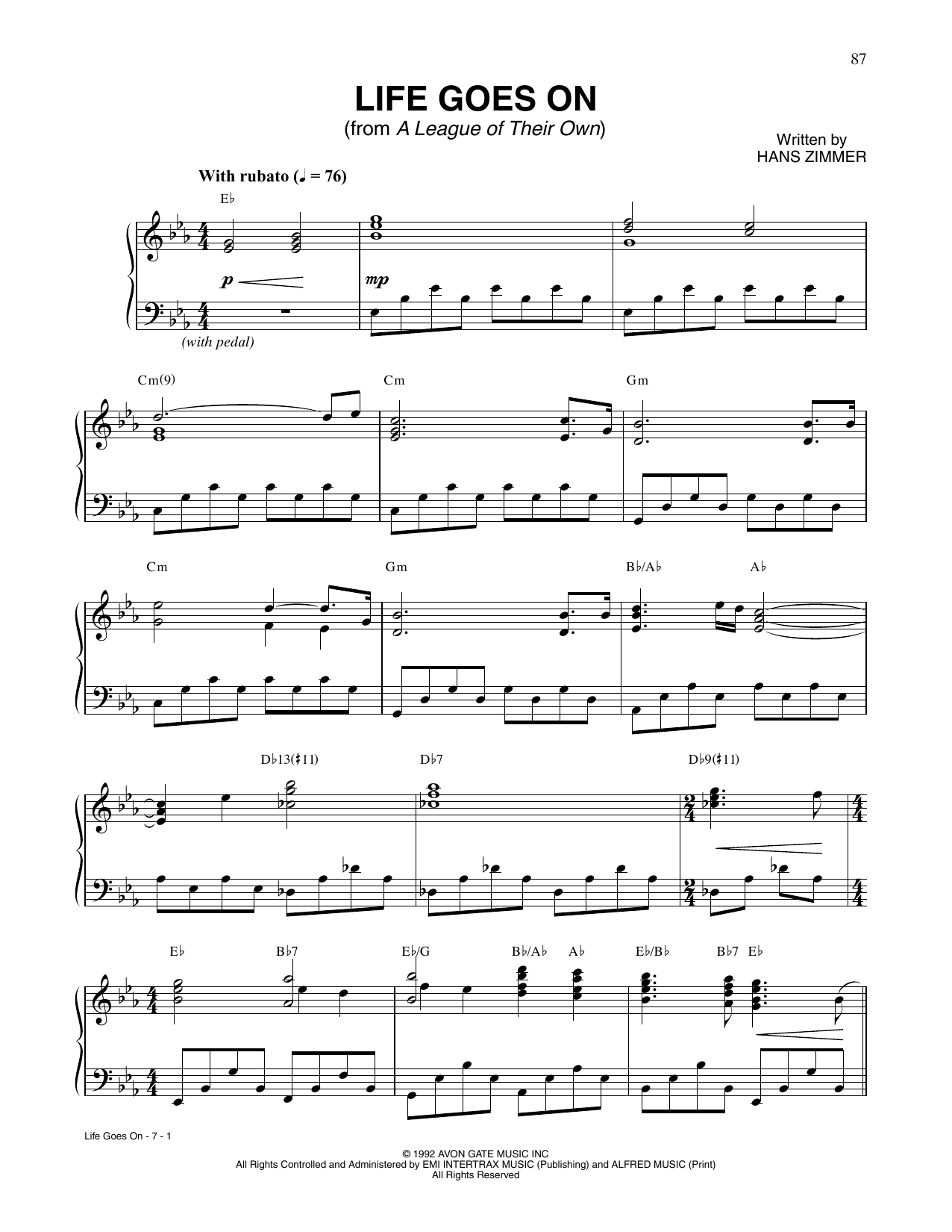 Hans Zimmer Life Goes On (from A League Of Their Own) Sheet Music Notes & Chords for Piano Solo - Download or Print PDF