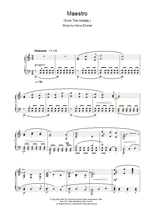 Hans Zimmer Maestro (from The Holiday) Sheet Music Notes & Chords for Piano Solo - Download or Print PDF