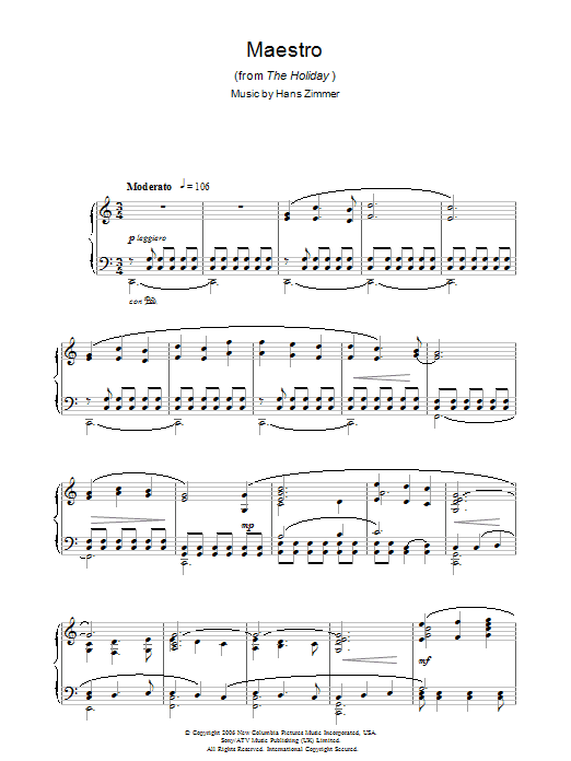 Hans Zimmer Maestro (from The Holiday) Sheet Music Notes & Chords for Very Easy Piano - Download or Print PDF