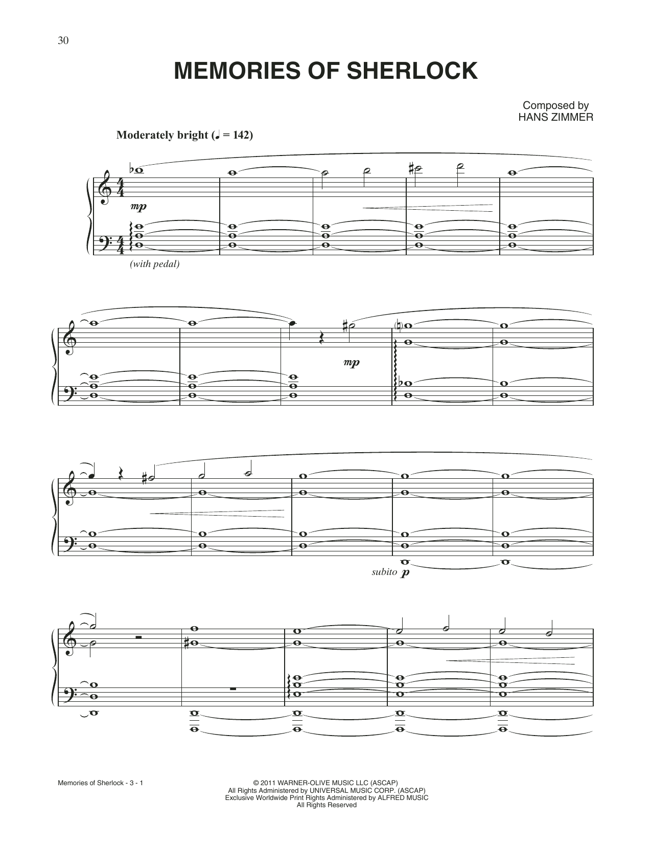 Hans Zimmer Memories Of Sherlock (from Sherlock Holmes: A Game Of Shadows) Sheet Music Notes & Chords for Piano Solo - Download or Print PDF