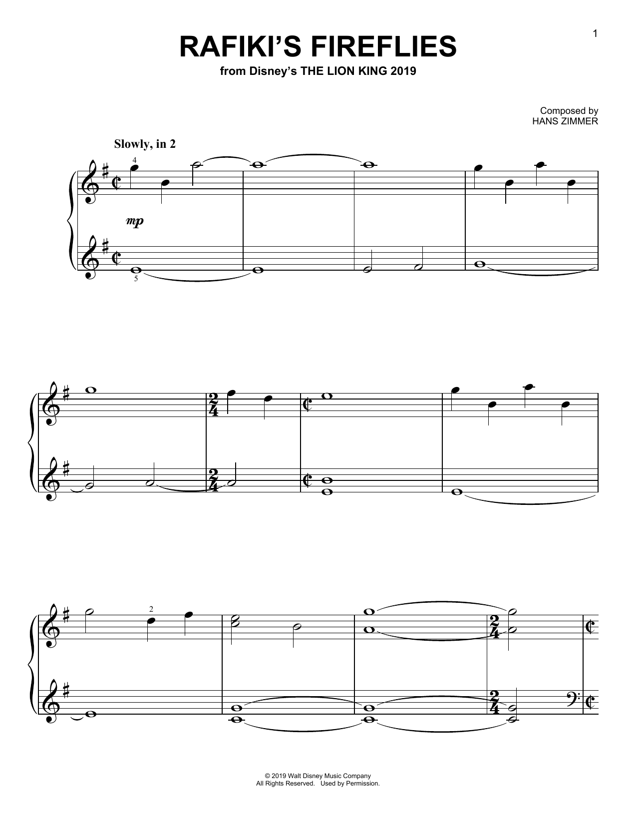 Hans Zimmer Rafiki's Fireflies (from The Lion King 2019) Sheet Music Notes & Chords for Piano Solo - Download or Print PDF