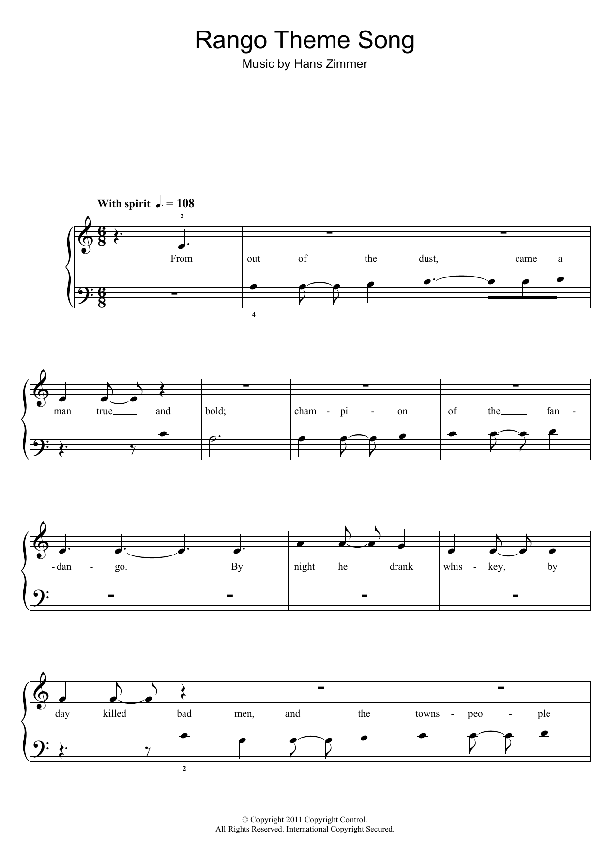 Hans Zimmer Rango Theme Song Sheet Music Notes & Chords for 5-Finger Piano - Download or Print PDF
