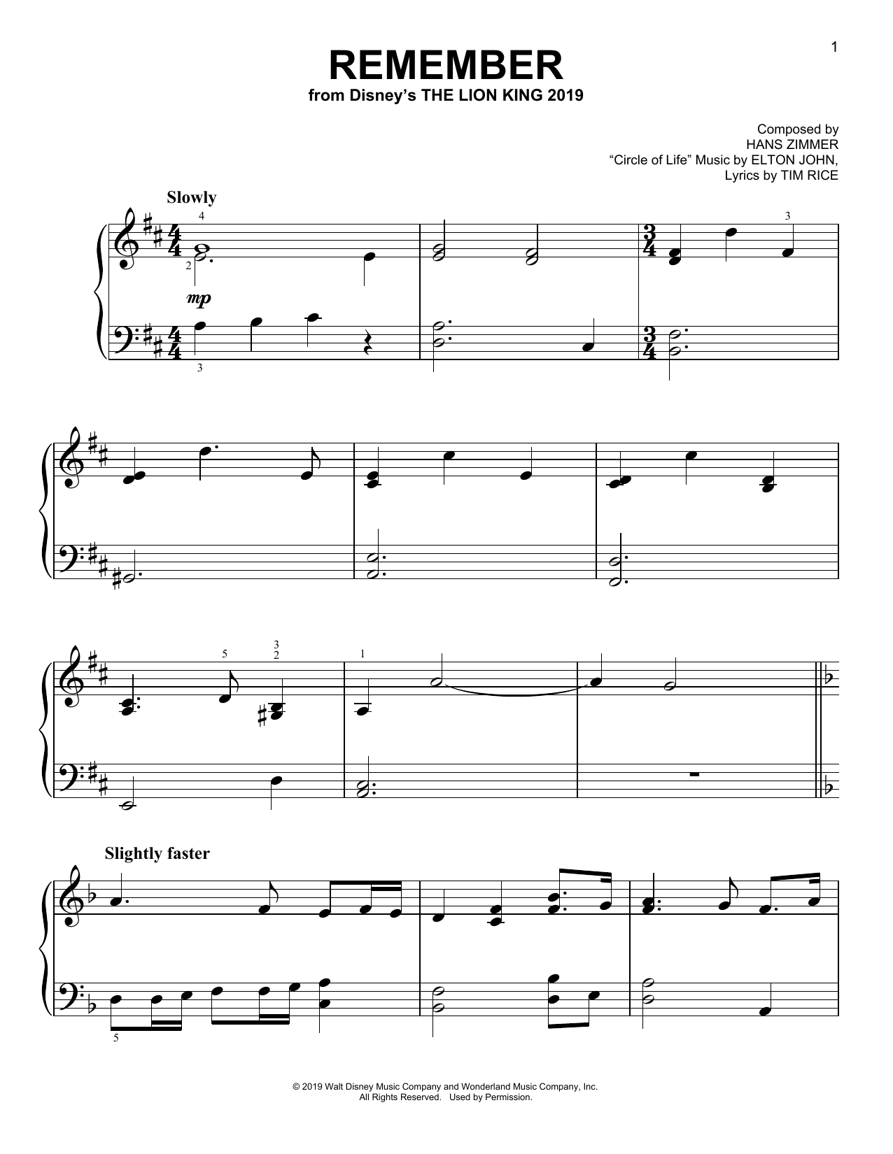 Hans Zimmer Remember (from The Lion King 2019) Sheet Music Notes & Chords for Easy Piano - Download or Print PDF