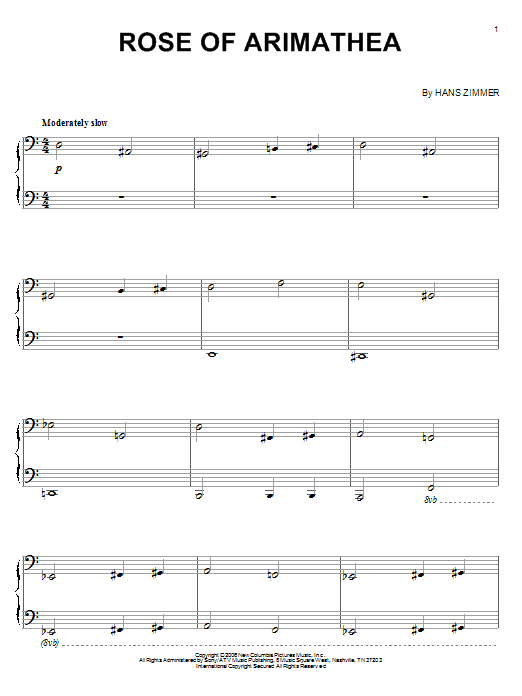 Hans Zimmer Rose Of Arimathea Sheet Music Notes & Chords for Piano - Download or Print PDF