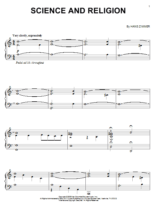 Hans Zimmer Science And Religion Sheet Music Notes & Chords for Piano - Download or Print PDF