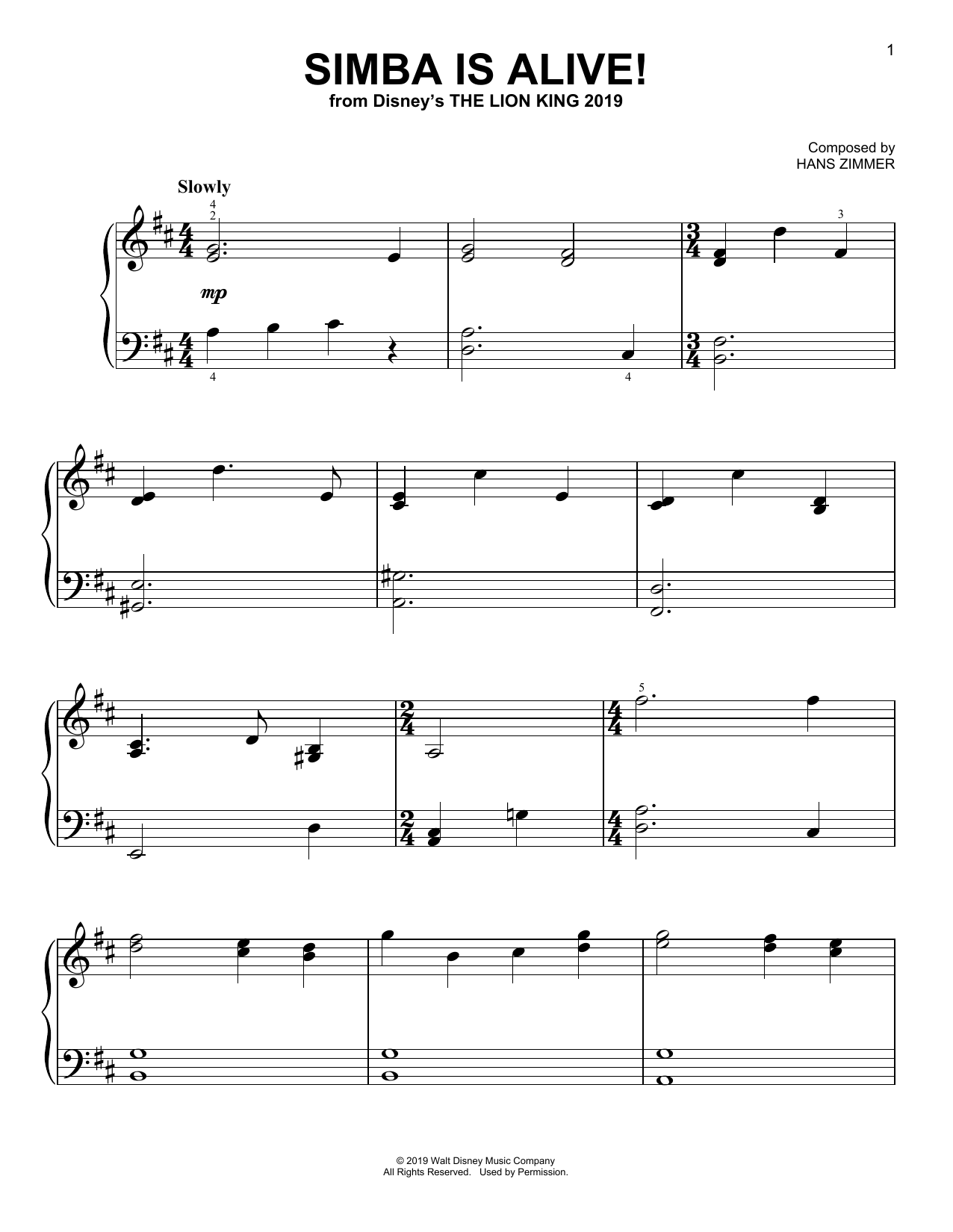 Hans Zimmer Simba Is Alive! (from The Lion King 2019) Sheet Music Notes & Chords for Easy Piano - Download or Print PDF