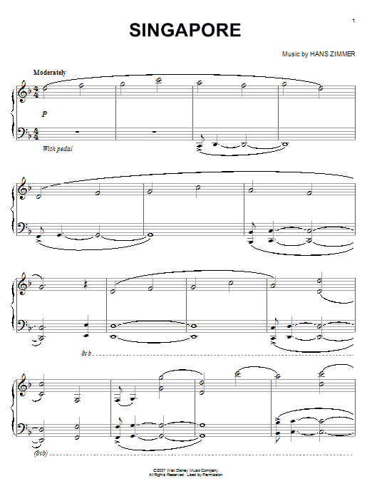 Hans Zimmer Singapore (from Pirates Of The Caribbean: At World's End) Sheet Music Notes & Chords for Piano Solo - Download or Print PDF