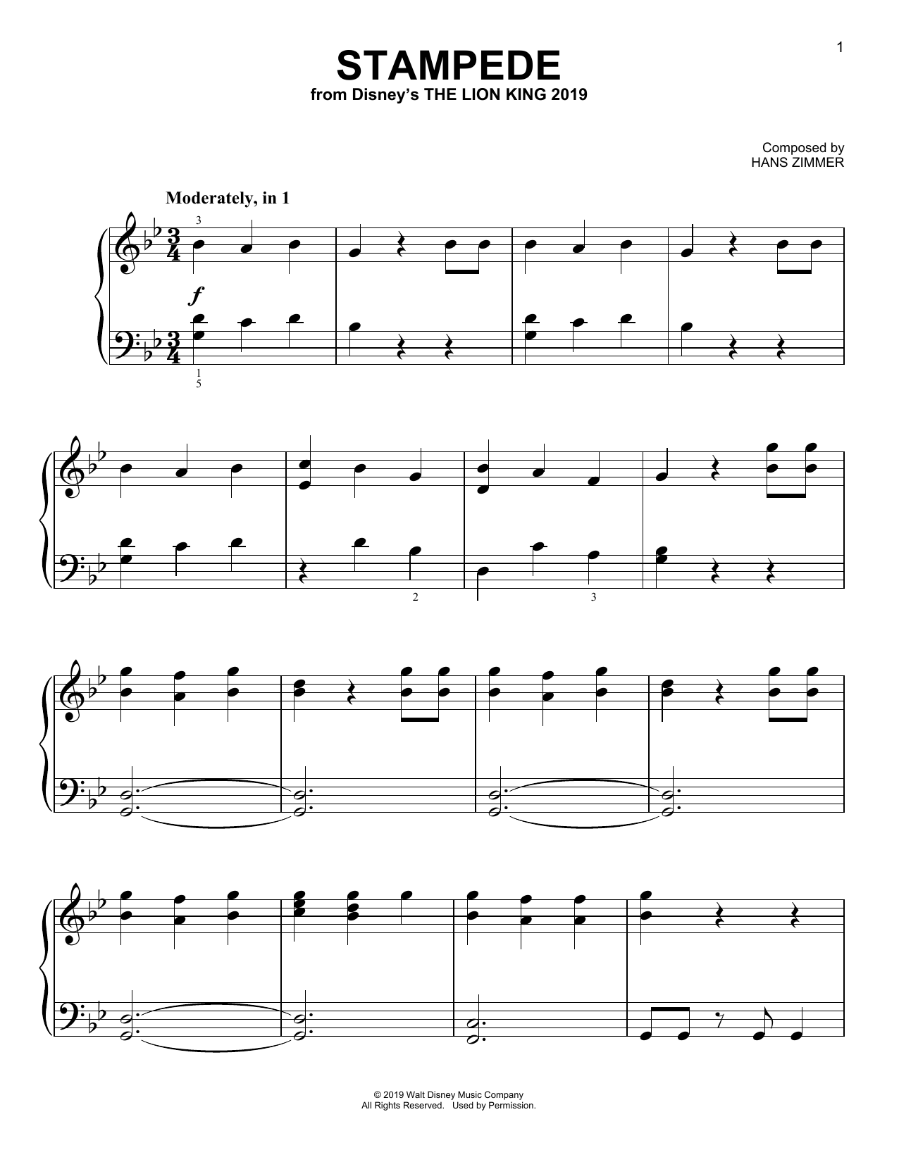 Hans Zimmer Stampede (from The Lion King 2019) Sheet Music Notes & Chords for Easy Piano - Download or Print PDF