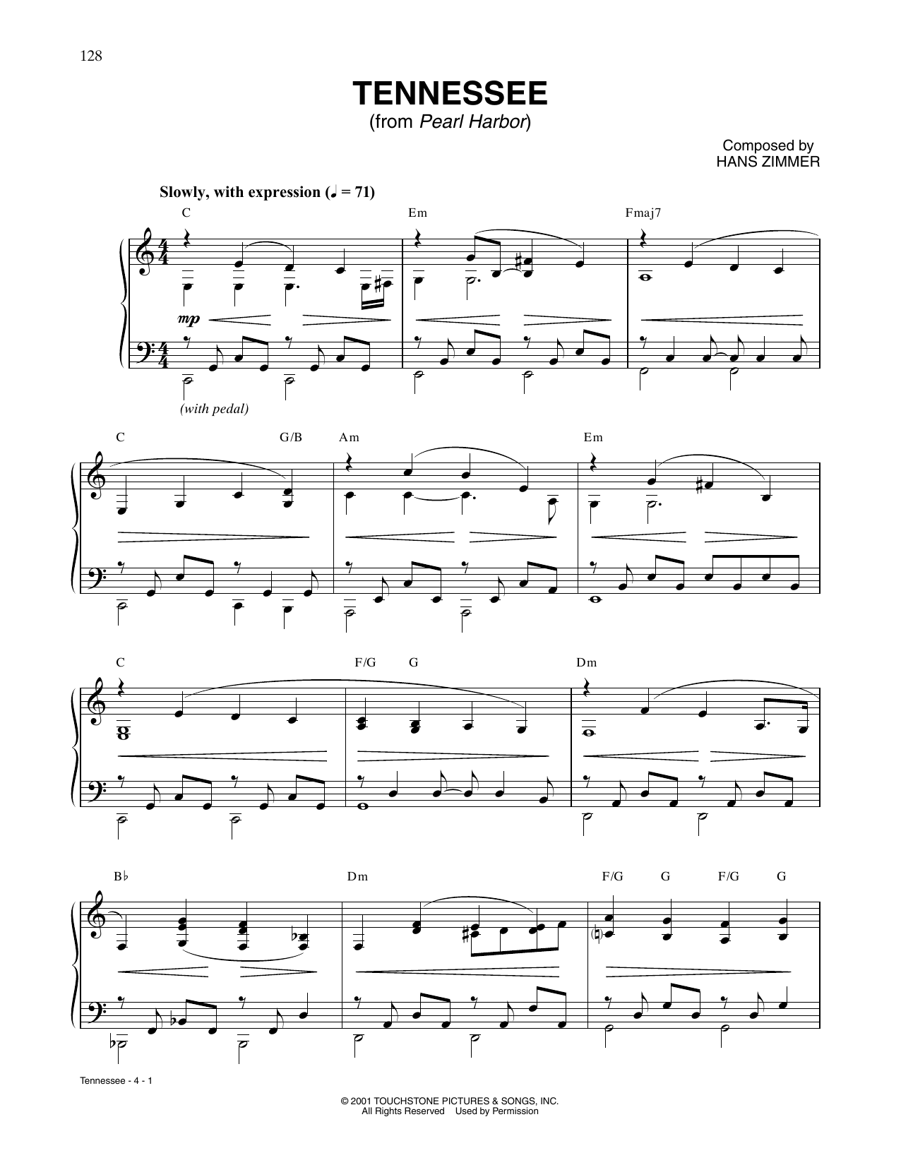Hans Zimmer Tennessee (from Pearl Harbor) Sheet Music Notes & Chords for Piano Solo - Download or Print PDF