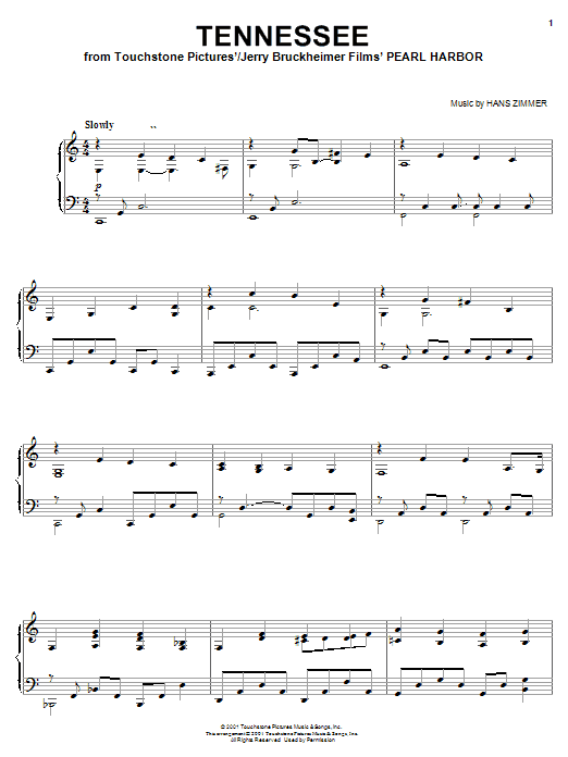 Hans Zimmer Tennessee (from Pearl Harbor) Sheet Music Notes & Chords for Piano - Download or Print PDF