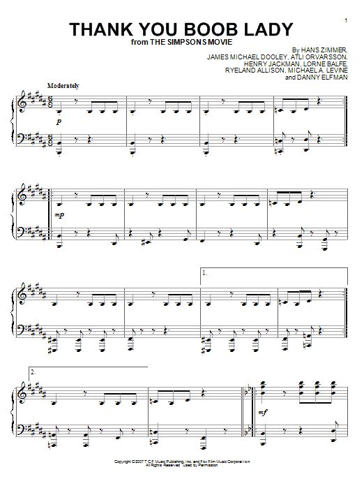 Hans Zimmer Thank You Boob Lady Sheet Music Notes & Chords for Piano - Download or Print PDF