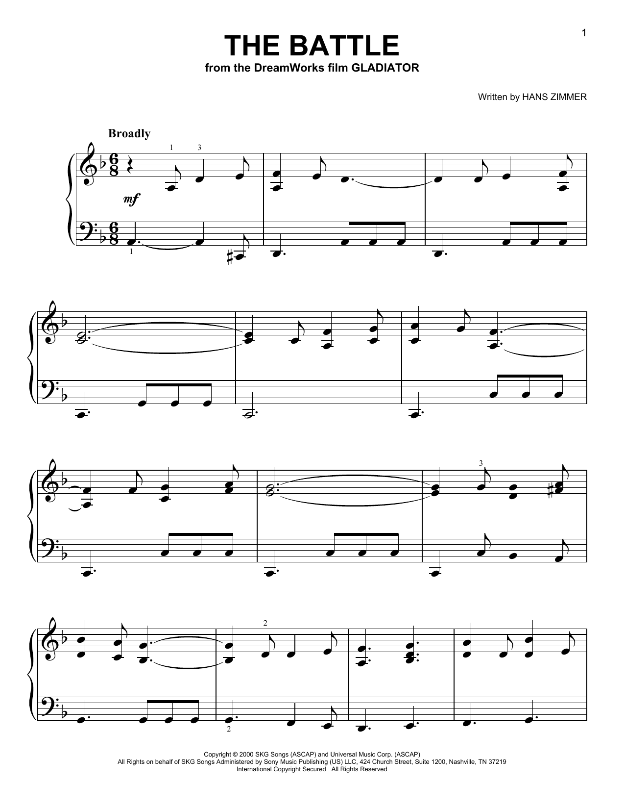 Hans Zimmer The Battle (from Gladiator) Sheet Music Notes & Chords for Easy Piano - Download or Print PDF