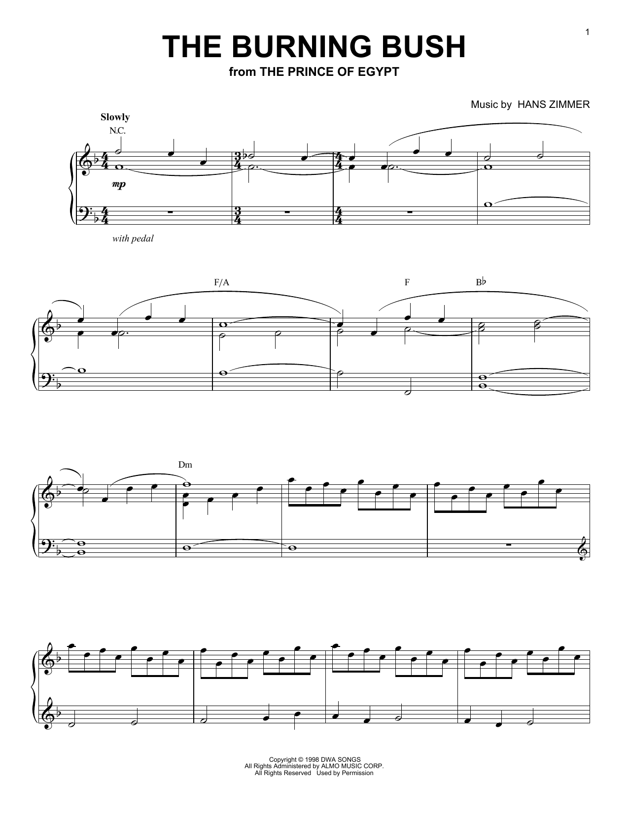 Hans Zimmer The Burning Bush (from The Prince of Egypt) Sheet Music Notes & Chords for Piano Solo - Download or Print PDF