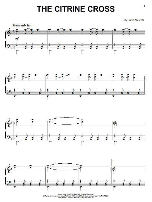 Hans Zimmer The Citrine Cross Sheet Music Notes & Chords for Piano - Download or Print PDF