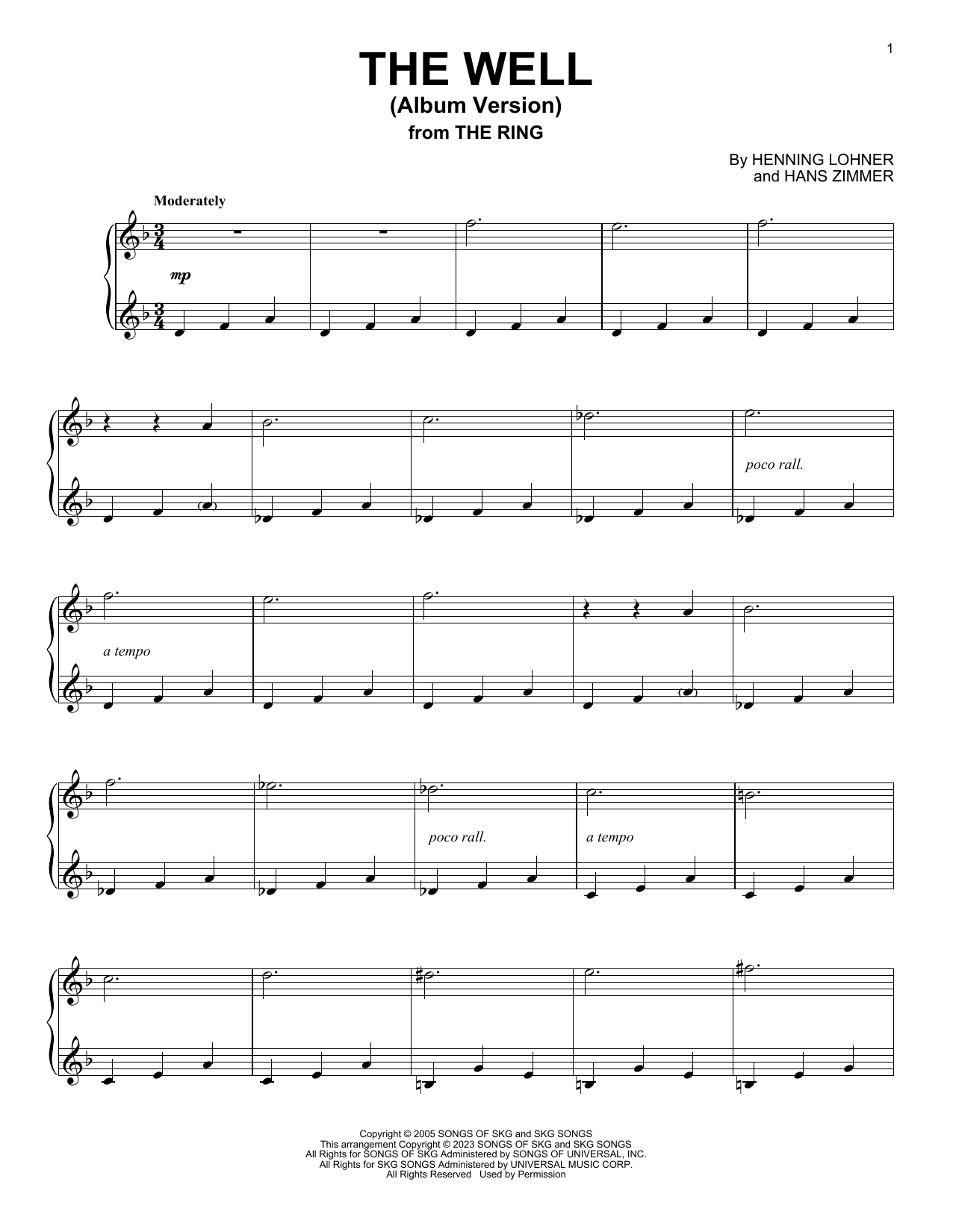 Hans Zimmer The Well (Album Version) (from The Ring) Sheet Music Notes & Chords for Piano Solo - Download or Print PDF