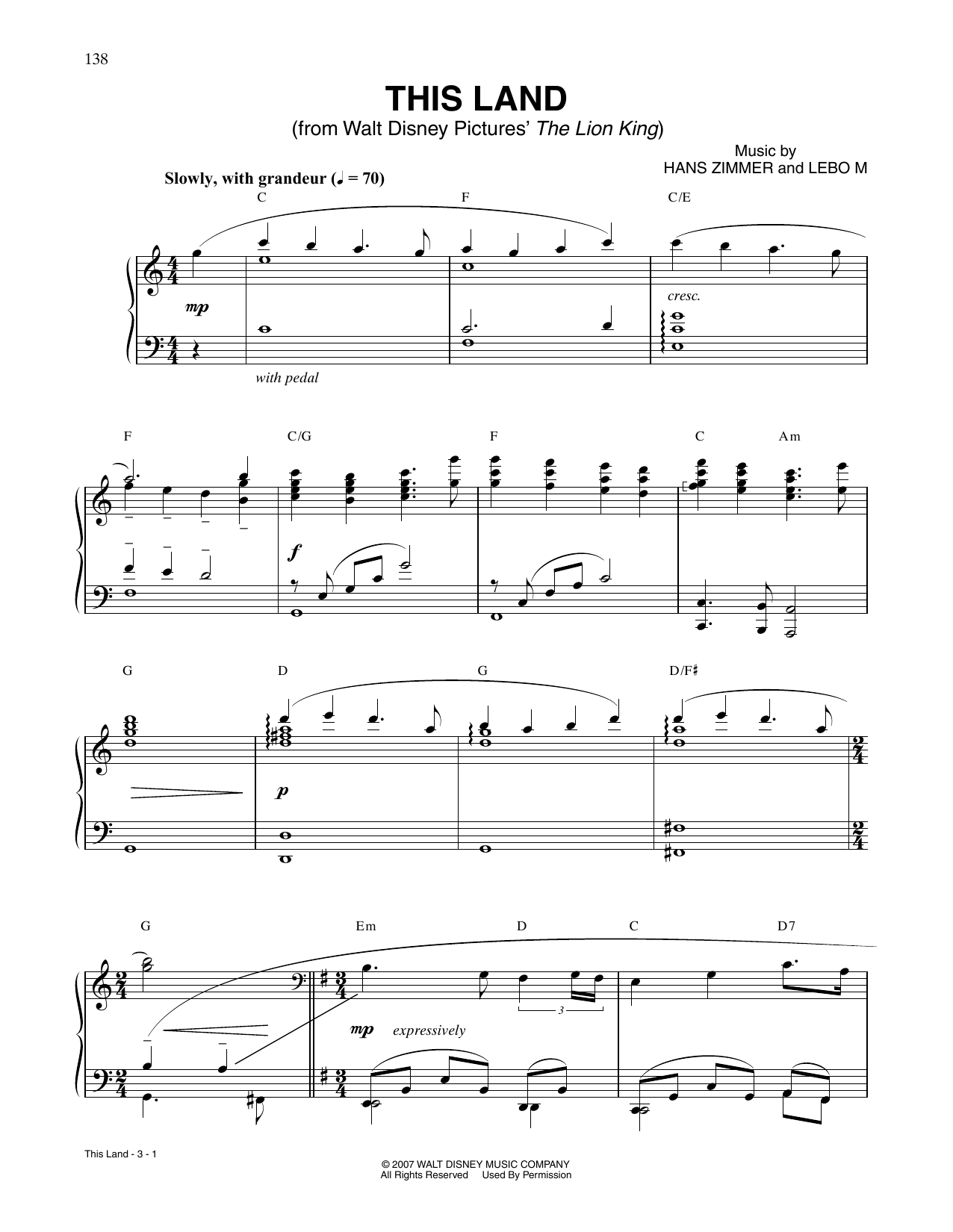 Hans Zimmer This Land (from The Lion King) Sheet Music Notes & Chords for Piano Solo - Download or Print PDF