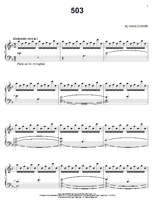 Preview Hans Zimmer 503 Film and TV sheet music, notes and chords for Piano, SKU: 71628 503 sheet music