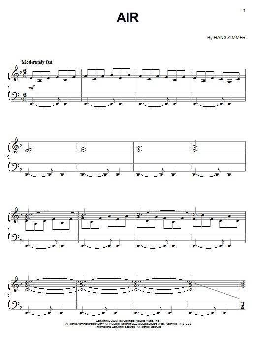Preview Hans Zimmer Air Film and TV sheet music, notes and chords for Piano, SKU: 71634 Air sheet music