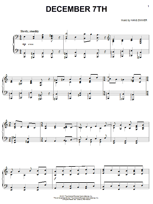 Preview Hans Zimmer December 7th Film and TV sheet music, notes and chords for Piano, SKU: 58287 December 7th sheet music