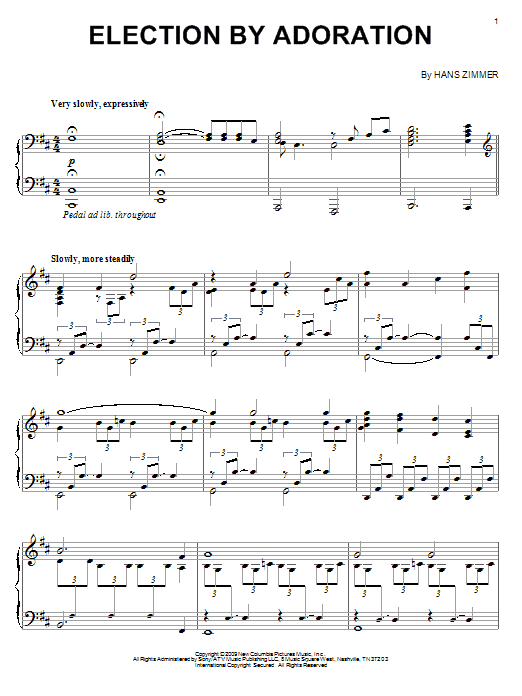 Preview Hans Zimmer Election By Adoration Film and TV sheet music, notes and chords for Piano, SKU: 71633 Election By Adoration sheet music