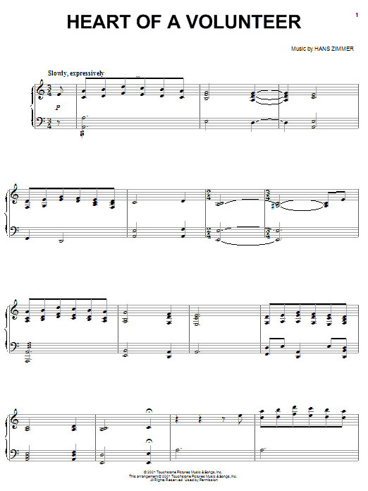 Preview Hans Zimmer Heart Of A Volunteer Pop sheet music, notes and chords for Piano, SKU: 58288 Heart Of A Volunteer sheet music