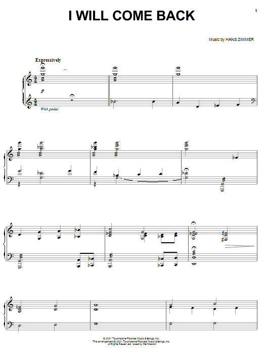 Preview Hans Zimmer I Will Come Back Film and TV sheet music, notes and chords for Piano, SKU: 58289 I Will Come Back sheet music