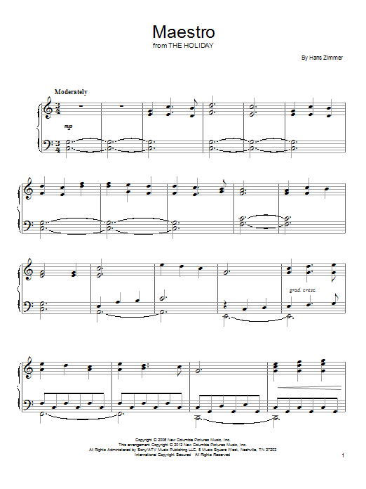 Preview Hans Zimmer Maestro Film and TV sheet music, notes and chords for Piano, SKU: 93988 Maestro sheet music