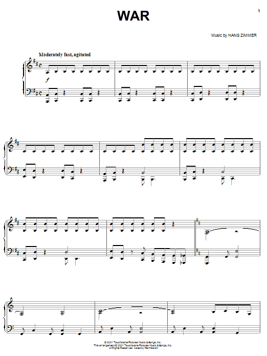 Preview Hans Zimmer War Film and TV sheet music, notes and chords for Piano, SKU: 58290 War sheet music
