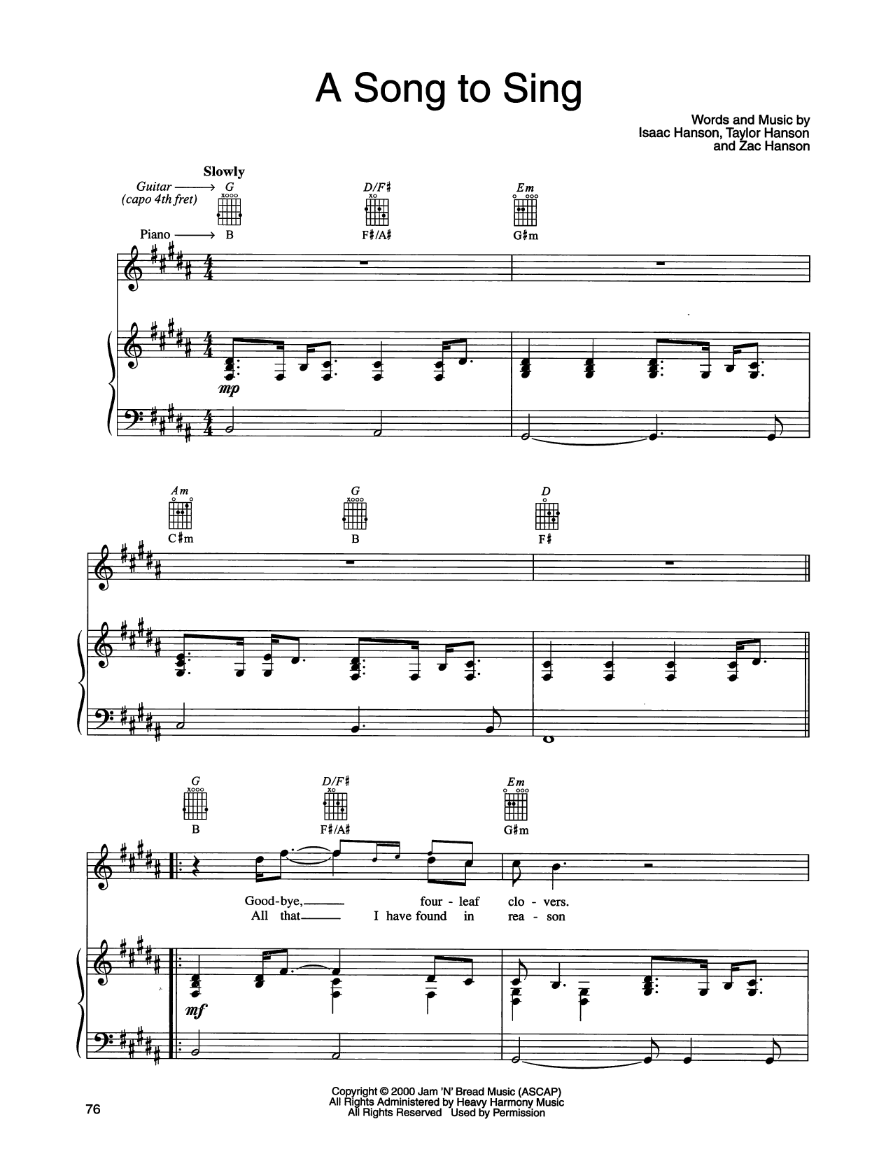 Hanson A Song To Sing Sheet Music Notes & Chords for Piano, Vocal & Guitar Chords (Right-Hand Melody) - Download or Print PDF